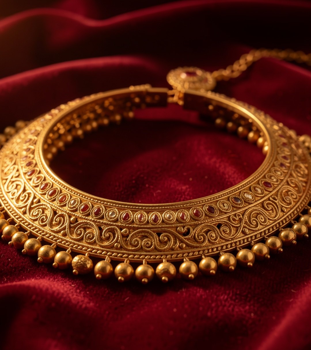 Ornate gold bridal choker on deep red velvet