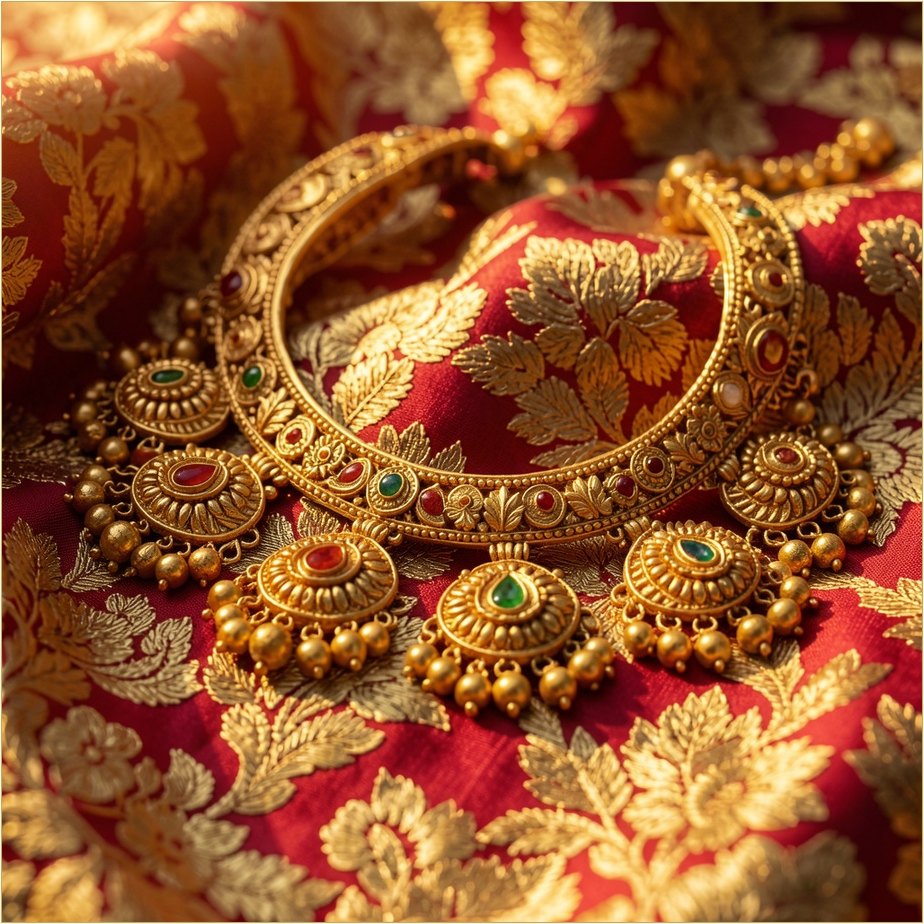Kolhapuri saaj necklace on red and gold brocade