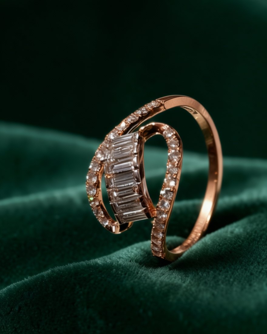 An 18K rose gold baguette diamond ring at Nakoda Gold