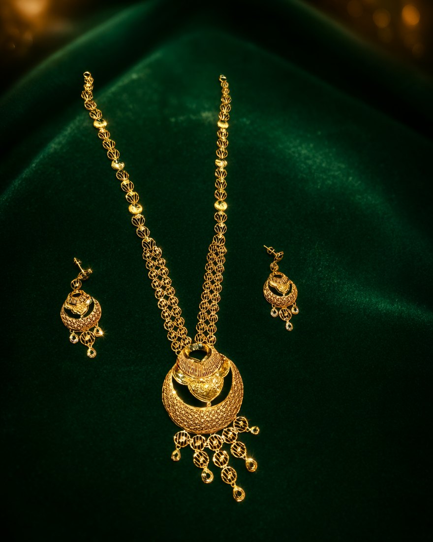 Crescent Pendant Long Necklace Set, 22K Gold, 31.140 g