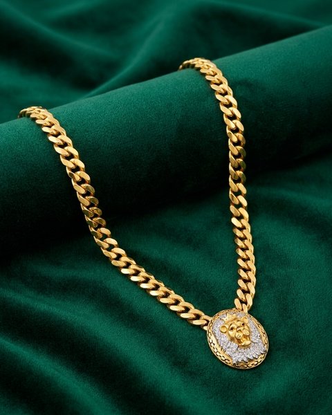 Curb Chain with Lion Pendant, 22 inch, 22K Gold, 47.080 g
