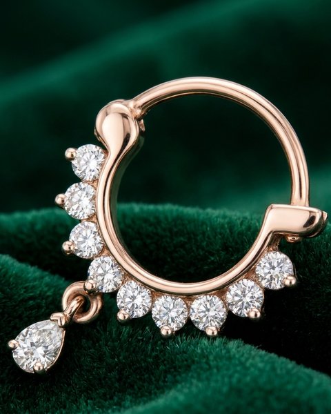 Diamond Hoop Nath with Pear Drop, 18K Rose Gold, 0.13 ct