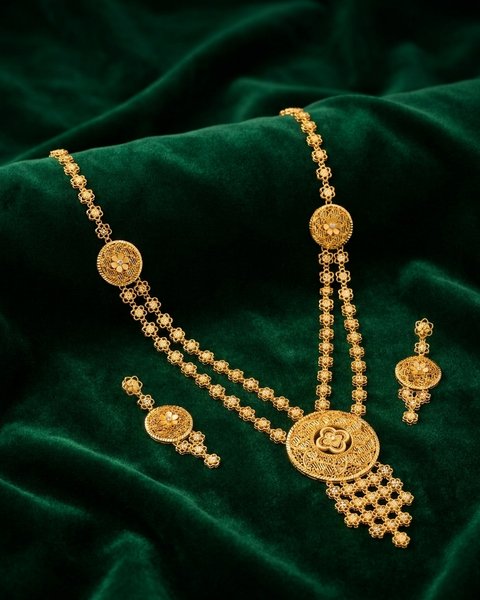 Filigree Medallion Long Necklace Set, 22K Gold, 33.580 g