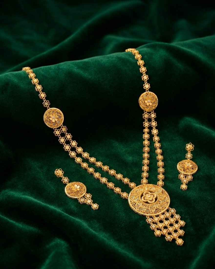Filigree Medallion Long Necklace Set, 22K Gold, 33.580 g