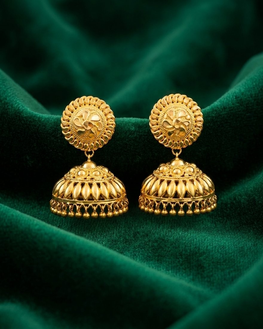 Floral Disc Dome Jhumka, 22K Gold, 15.120 g