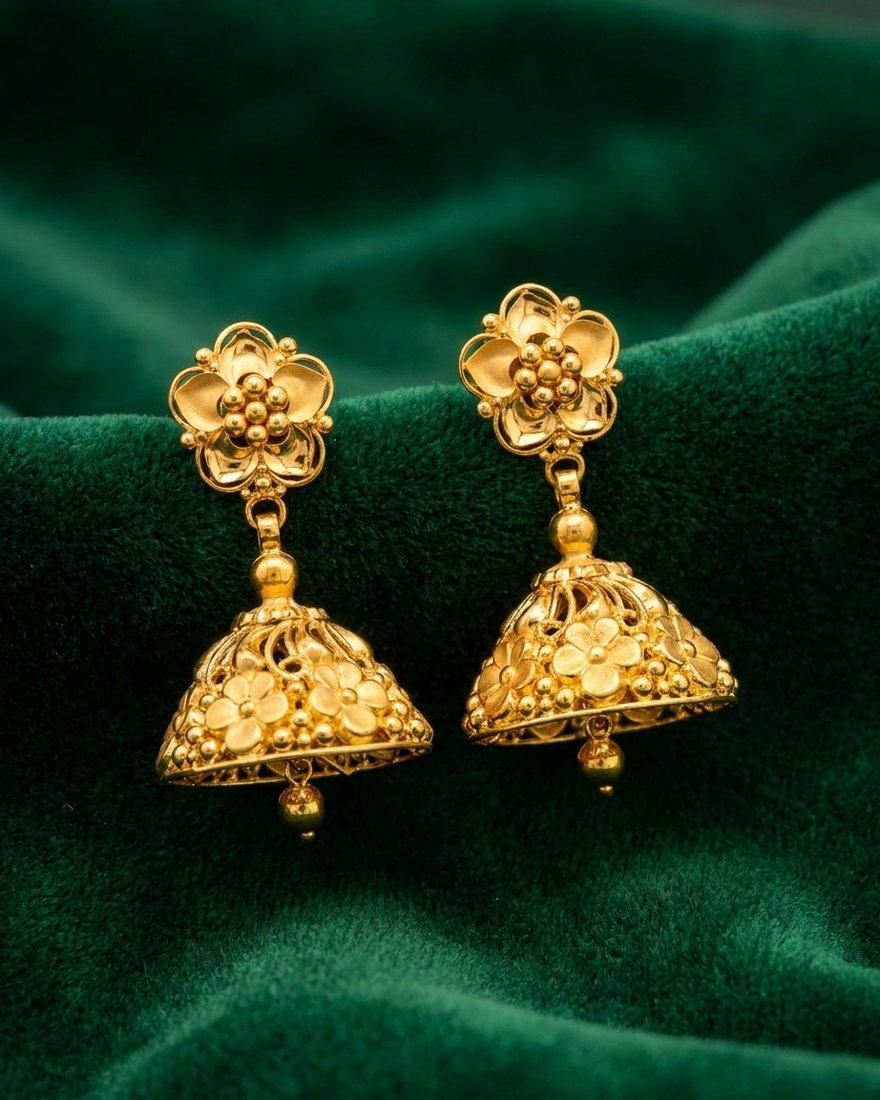 Flower Stud Jhumka, 22K Gold, 9.880 g