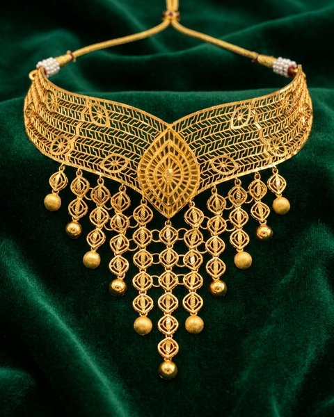 Leaf Tier Mesh Choker, 22K Gold, 31.000 g