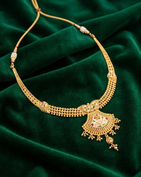 Meenakari Fan Pendant Necklace, 22K Gold, 26.400 g