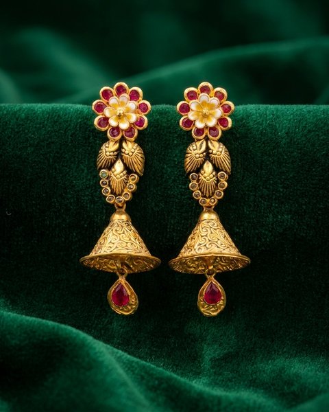Meenakari Flower Jhumka, 22K Gold, 15.330 g