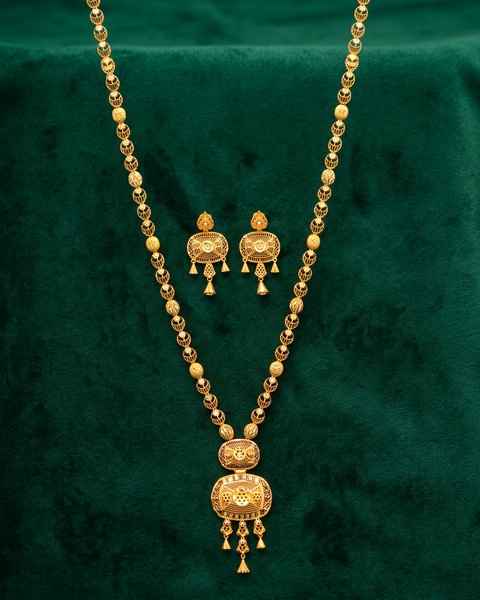Oval Filigree Long Necklace Set, 22K Gold, 23.150 g