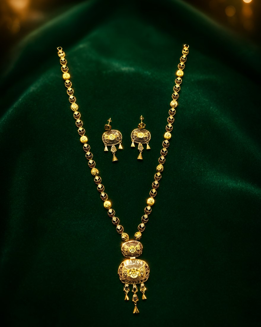 Oval Filigree Long Necklace Set, 22K Gold, 23.150 g