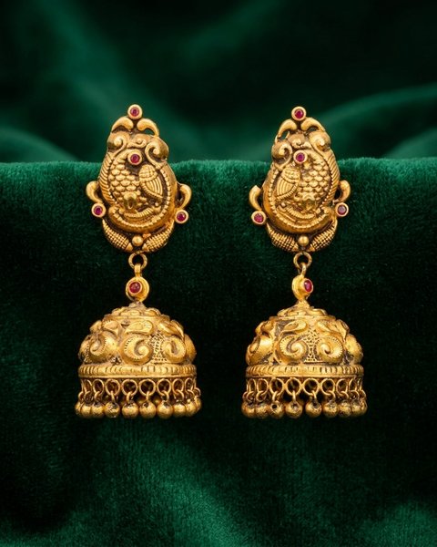 Peacock Antique Jhumka, 22K Gold, 16.350 g