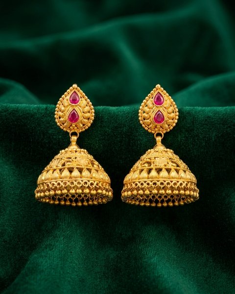 Red Stone Leaf Jhumka, 22K Gold, 18.960 g
