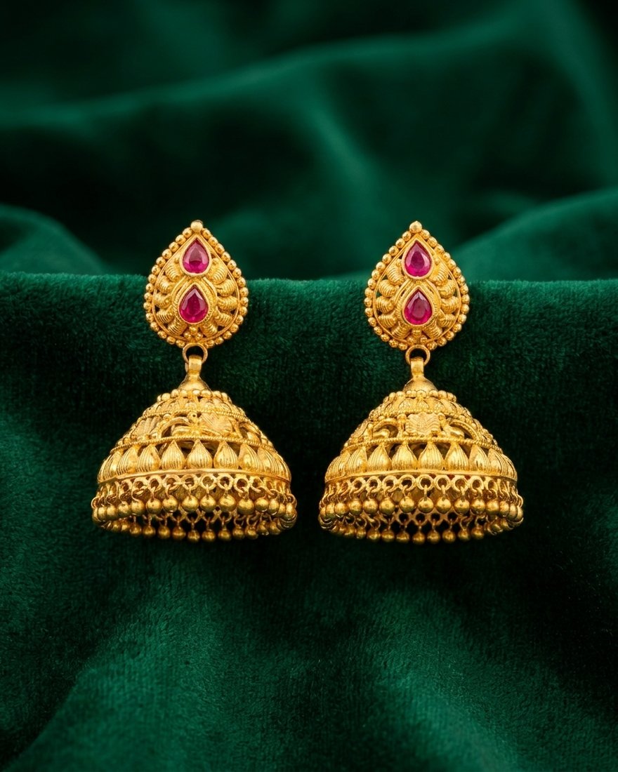 Red Stone Leaf Jhumka, 22K Gold, 18.960 g