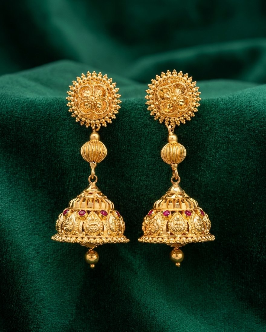 Ribbed Bead Temple Jhumka, 22K Gold, 19.760 g