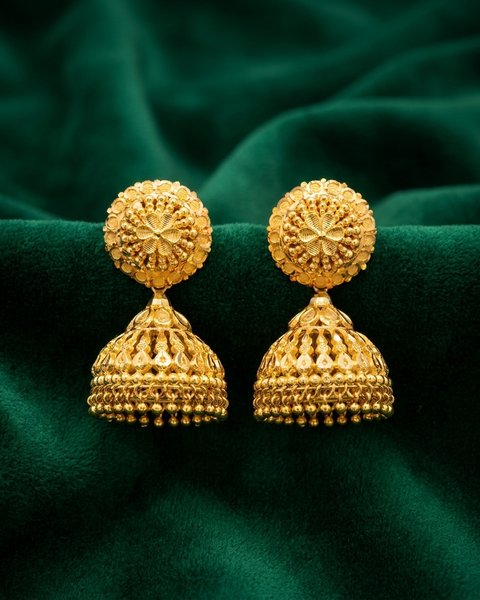 Round Floral Bell Jhumka, 22K Gold, 11.360 g