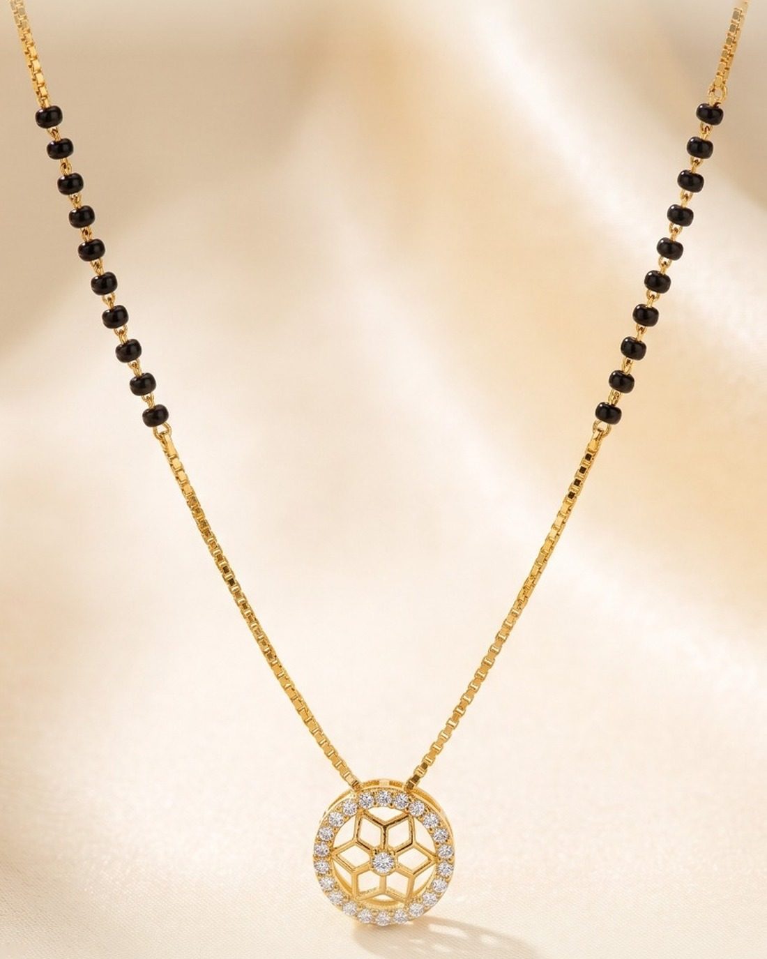 Round Halo Pendant Mangalsutra, 22K Gold, 4.450 g