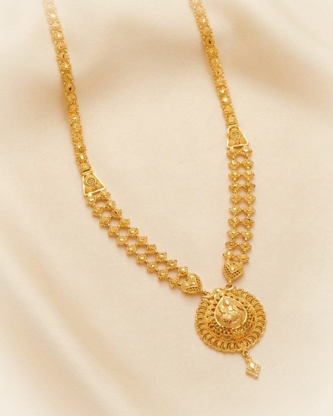 Round Temple Pendant Long Necklace, 22K Gold, 10.880 g