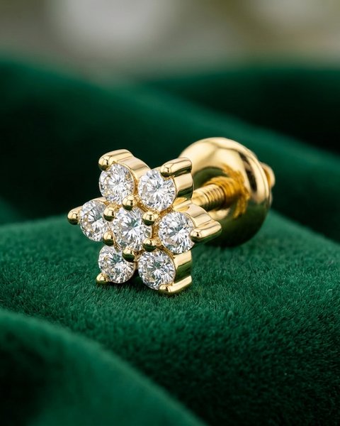 Seven-Stone Flower Diamond Nose Pin, 18K Yellow Gold, 0.08 ct