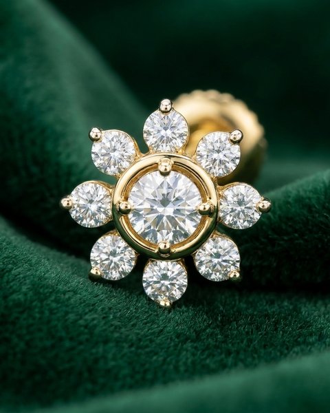 Solitaire Flower Diamond Nose Pin, 18K Yellow Gold, 0.10 ct