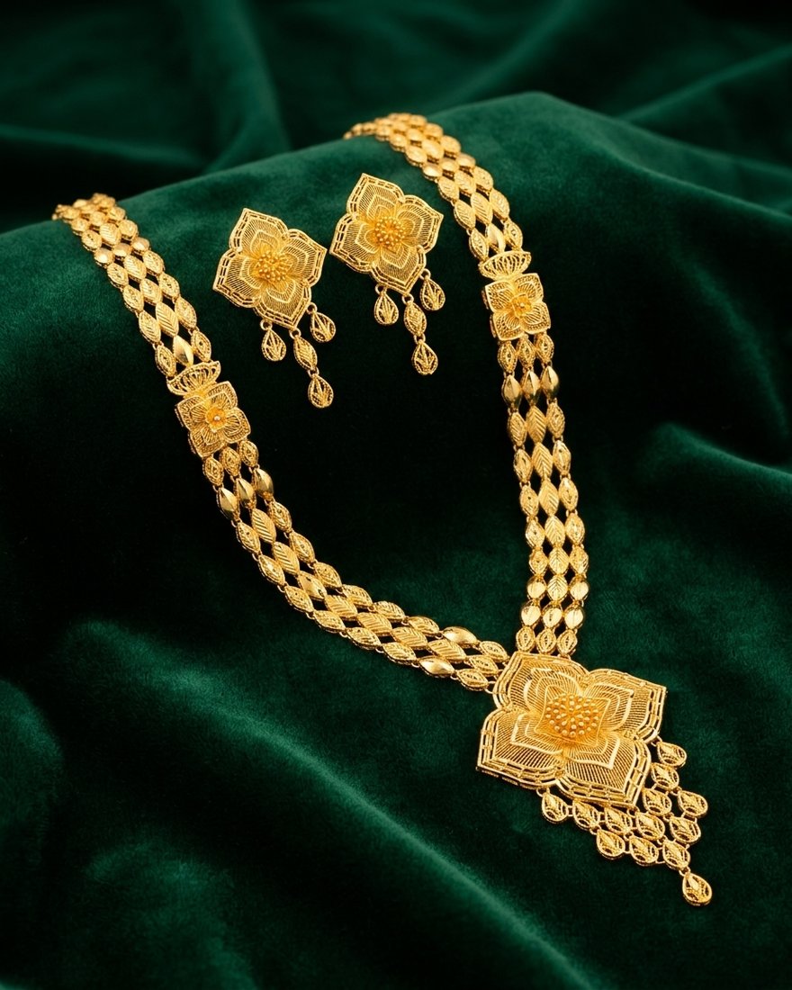 Square Filigree Pendant Long Necklace Set, 22K Gold, 59.080 g