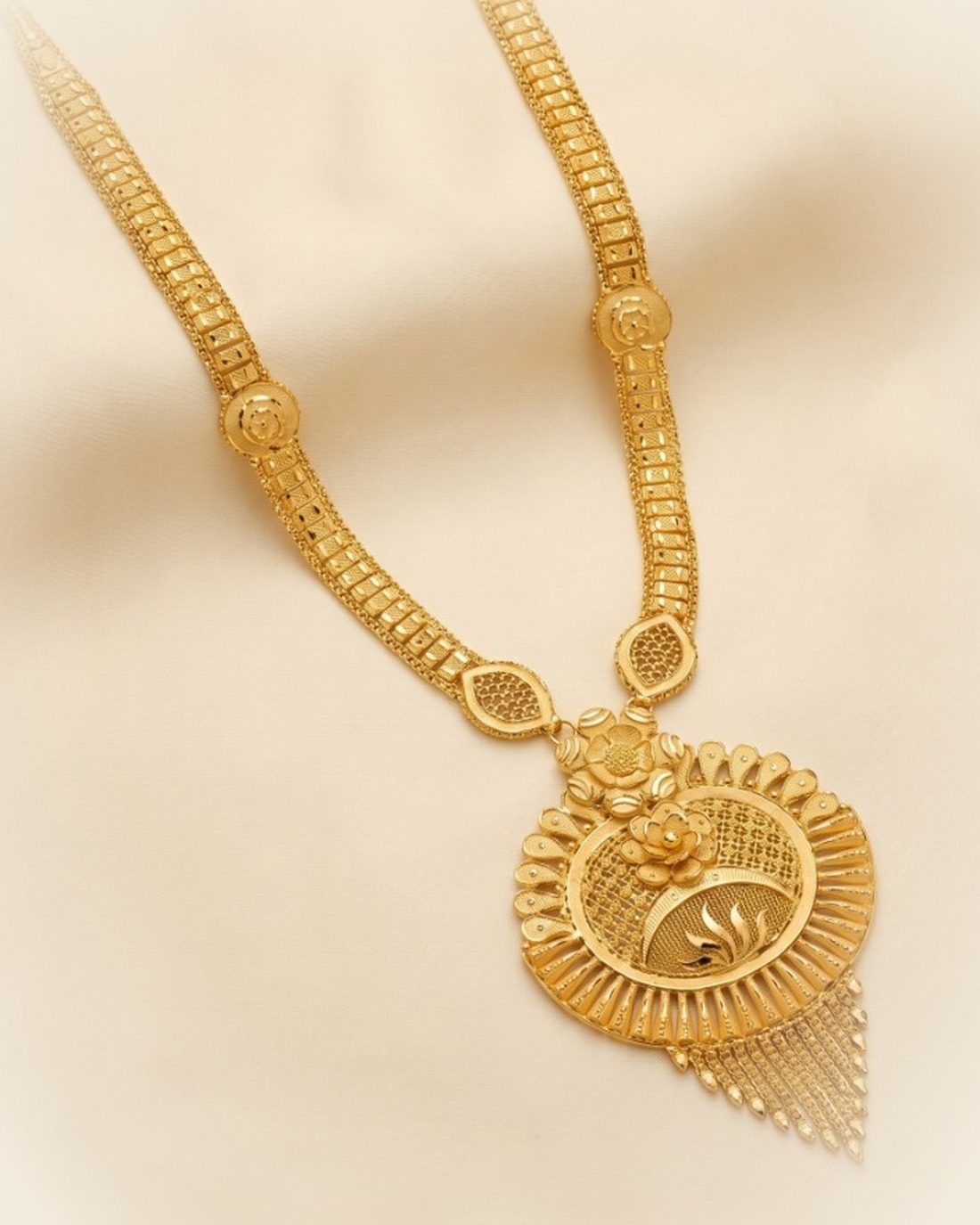 Sunburst Flower Tassel Long Necklace, 22K Gold, 32.310 g