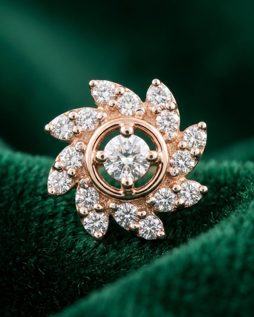 Swirl Flower Diamond Nose Pin, 18K Rose Gold, 0.10 ct