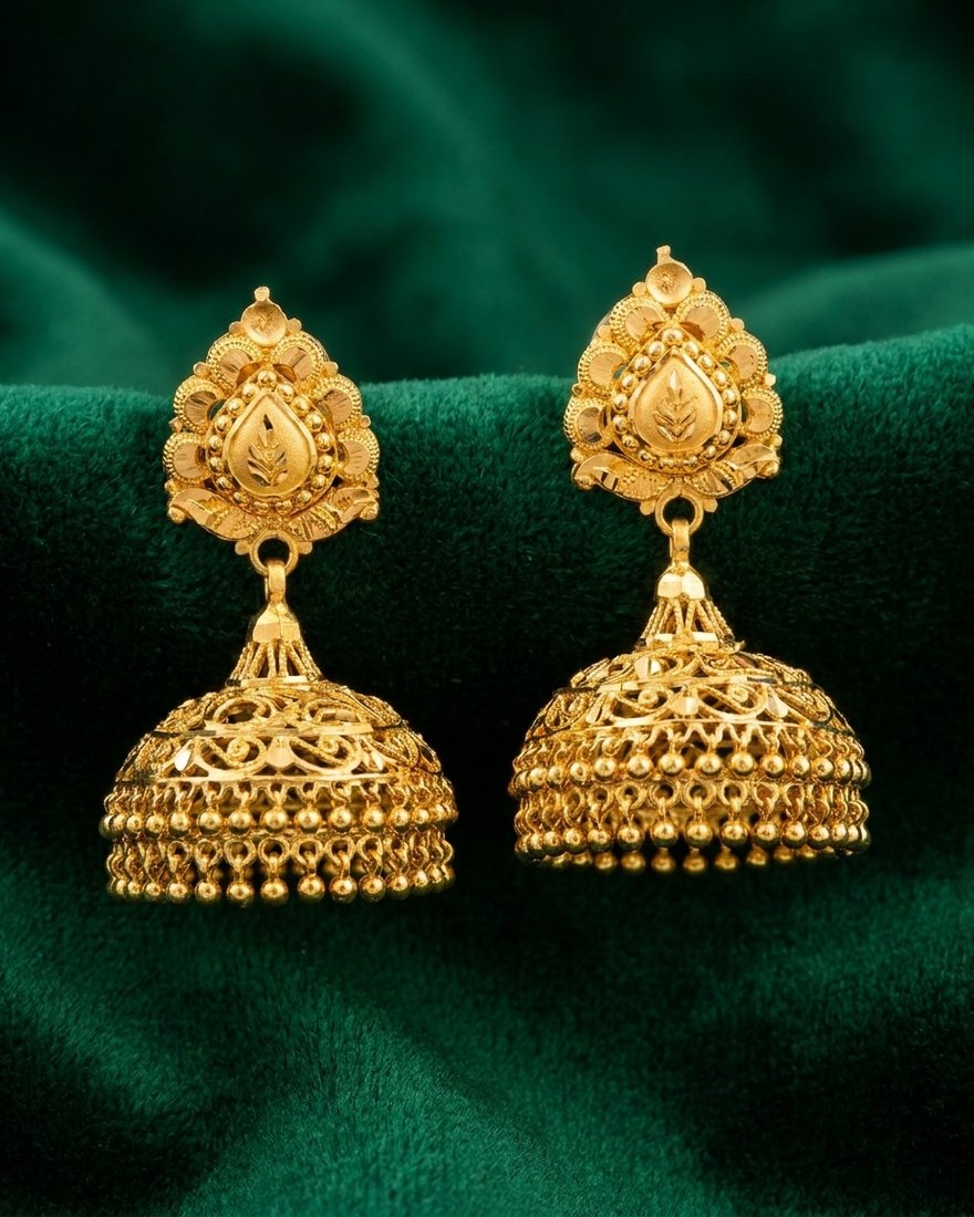 Teardrop Filigree Jhumka, 22K Gold, 12.070 g