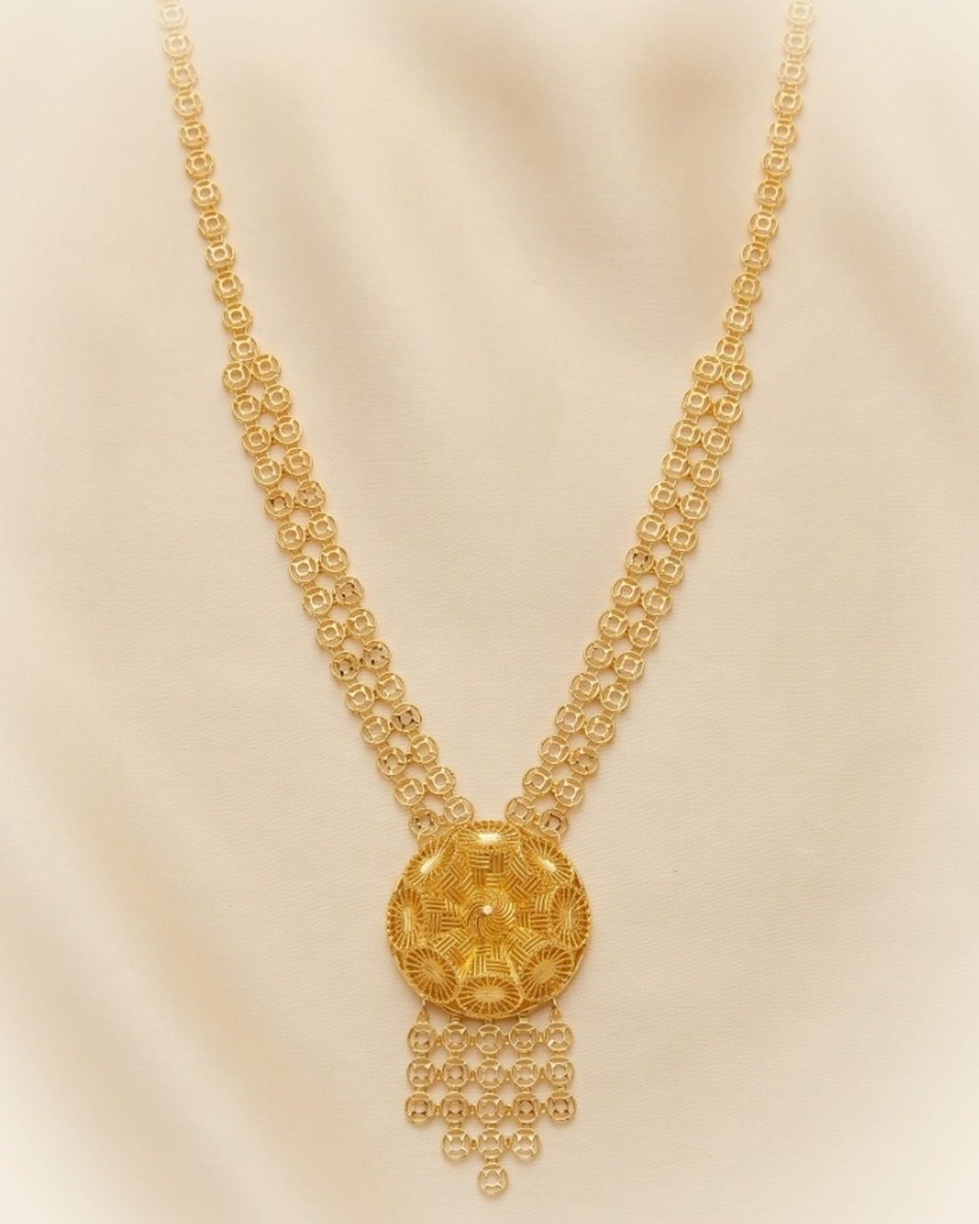 Woven Dome Fringe Long Necklace, 22K Gold, 27.120 g