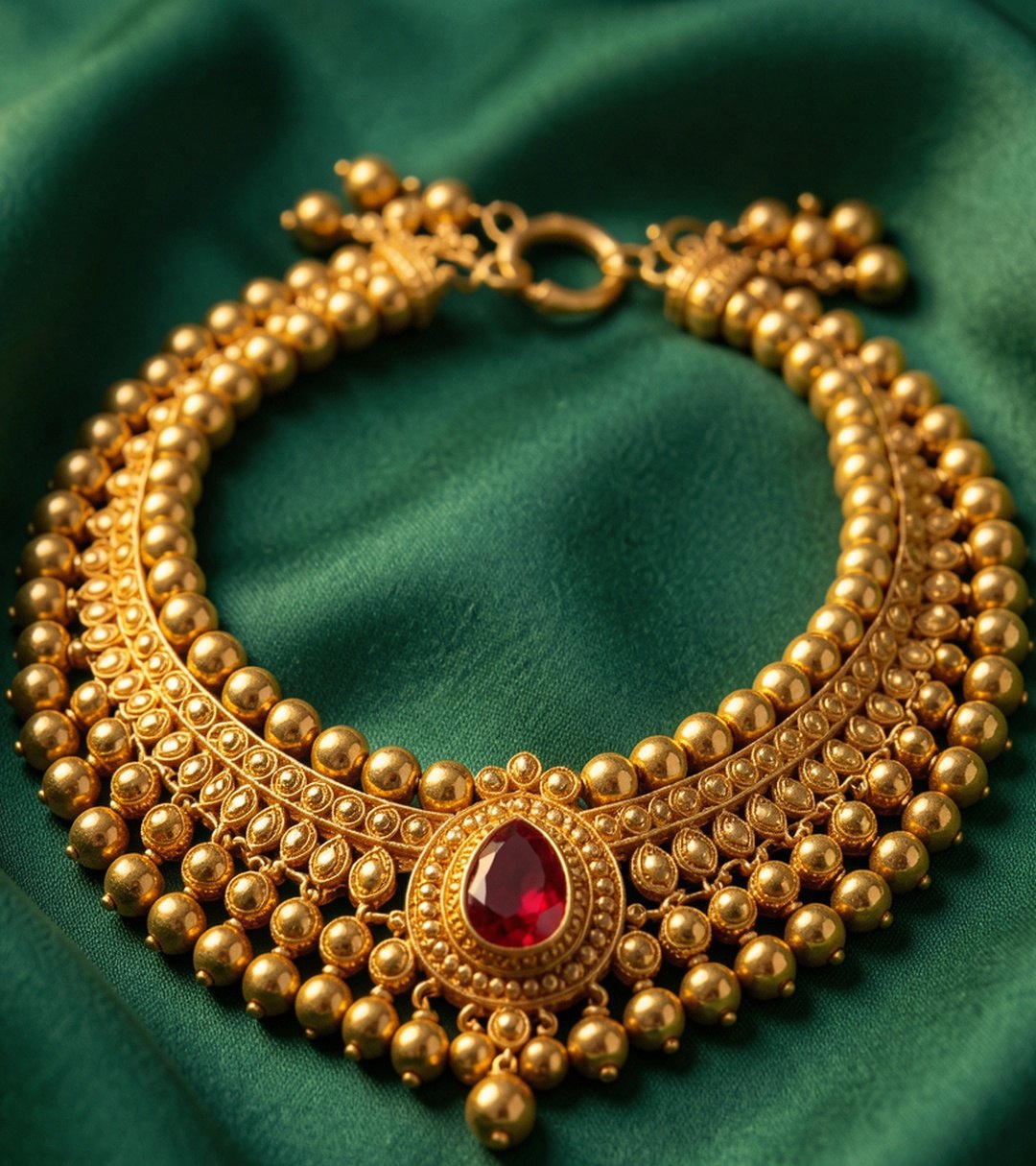A gold thushi choker on green silk